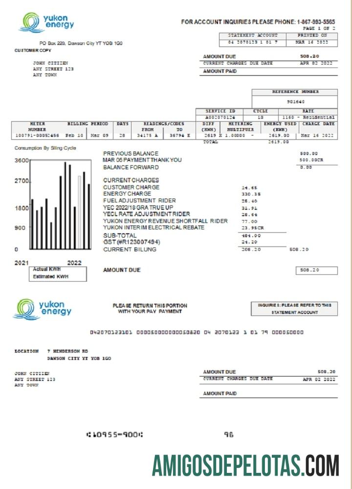 Projeto de lei de serviços públicos de energia do Canadá Yukon amostra